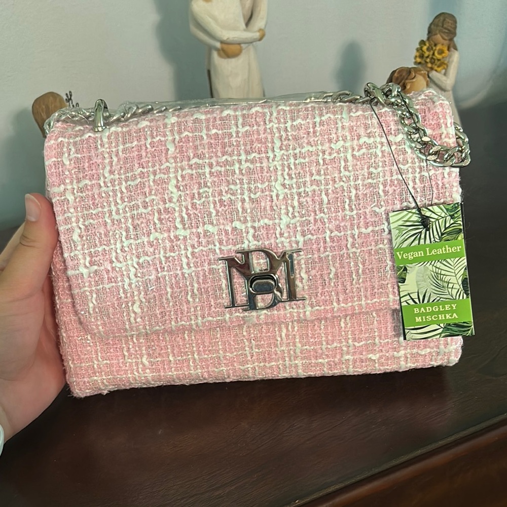 Badgley Mischka Pink Shoulder Bag with Tweed Design